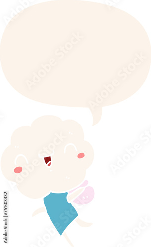 cute cartoon cloud head creature and speech bubble in retro style