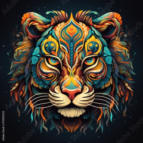 Colorful tiger mandala art on black background.