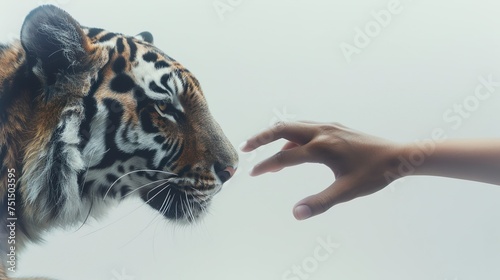 whisper of the wild: a serene moment of connection between hand and tiger