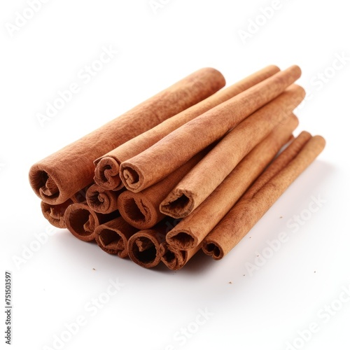 Cinnamon sticks close up on white background