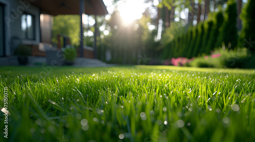 Freshly Cut Grass In The Backyard Of A Private House With Bright Sunlight, Perfect For Landscaping, Gardening, Outdoor Activities, And Residential Living. Generative Ai