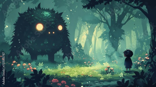 Illustration of cute little boy in a creepy forest with a monster