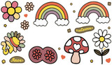 Groovy Retro Sticker. Cartoon funky mushrooms, flowers, rainbow, vintage hippy style elements vector set.