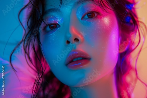 Vibrant Portrait of a Young Woman with Neon Lights and Glitter Makeup in a High Fashion Style