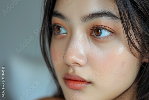Close-up Portrait of Young Woman with Clear Skin and Dark Hair, Highlighting Natural Beauty and Refined Makeup