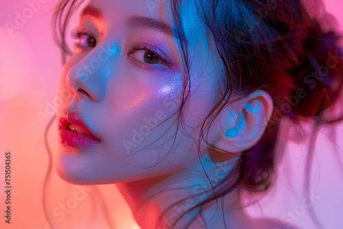 Close-up Portrait of Young Woman with Glitter Makeup in Neon Lighting