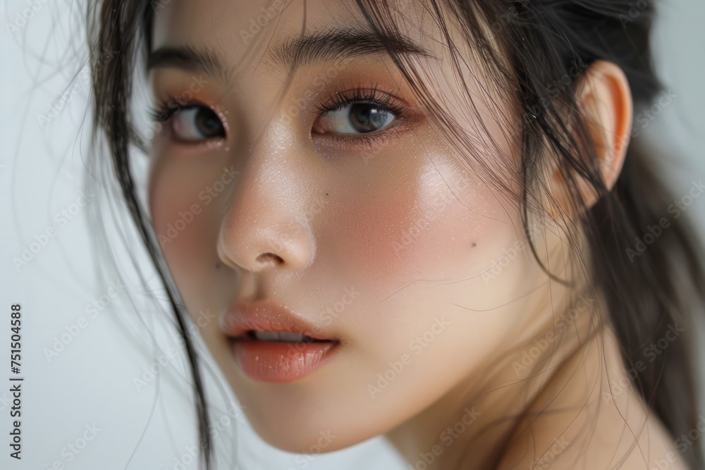Close-up Portrait of Young Woman with Natural Makeup and Dewy Skin Aesthetic Close-up Portrait of Young Woman with Natural Makeup and Dewy Skin Aesthetic