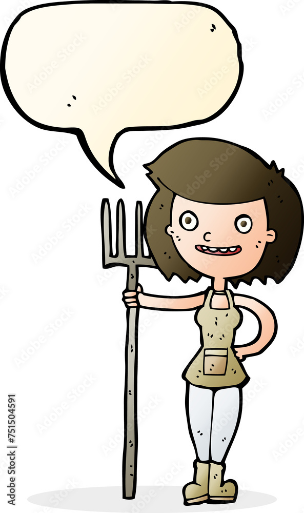 cartoon happy farmer girl with speech bubble cartoon happy farmer girl with speech bubble