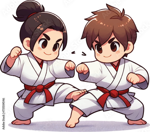 two children in kimono fighting karate taekwondo