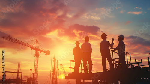 engineer standing orders for construction crews to work on high ground heavy industry and safety concept over blurred natural background sunset pastel.