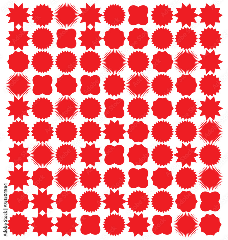 Set of red starburst. Price sticker, sale sticker, price tag, starburst, quality mark, retro stars, sale or discount sticker, sunburst badges, sun ray frames, promotional badge set, shopping labels 12 Set of red starburst. Price sticker, sale sticker, price tag, starburst, quality mark, retro stars, sale or discount sticker, sunburst badges, sun ray frames, promotional badge set, shopping labels 12