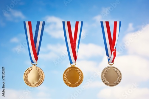 Gold, silver, and bronze medals with tricolor ribbons against a cloudy sky. photo