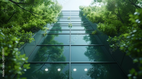 This green office building has trees to reduce the amount of carbon dioxide in it. This glass office building has a green environment for reducing the amount of carbon dioxide in it. This glass office