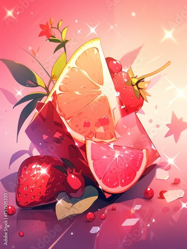 An explosion of colors and dynamic composition are seen in this digital artwork filled with lively fruit motifs