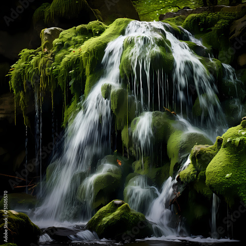 Waterfall cascading down a moss-covered rock.