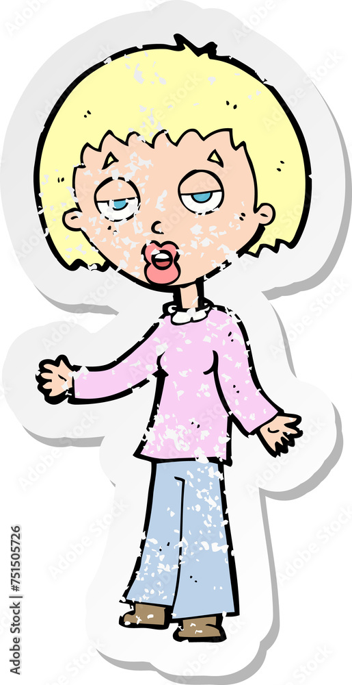 retro distressed sticker of a cartoon tired woman retro distressed sticker of a cartoon tired woman