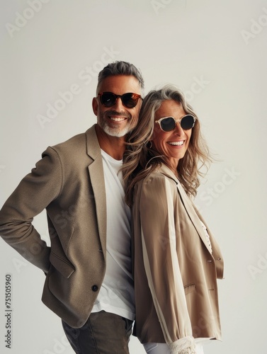 A fashionable couple with sunglasses striking a confident pose together