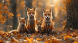 Carnivore family of foxes nestled on leaves in woodland, with kits and fawn