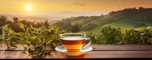 Cup of hot tea and tea leaf on the wooden table with tea plantations background, banner. Generative Ai.
