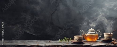Cup of hot tea and tea with dark background, banner. Generative Ai.