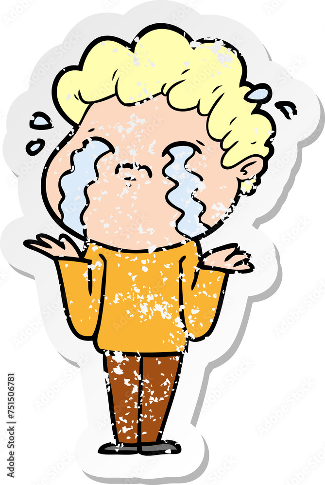 Obraz premium distressed sticker of a cartoon man crying
