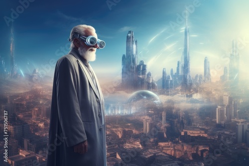 Elderly man wearing virtual reality glasses. Blue futuristic background.