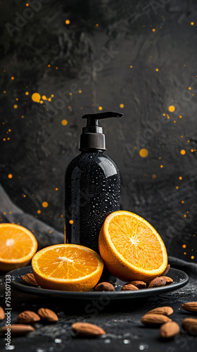 Black soap dispenser, fresh orange slices, almonds on a dark, splattered backdrop. photo