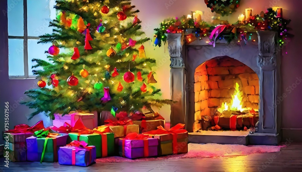 christmas tree with gifts near a fireplace with lights