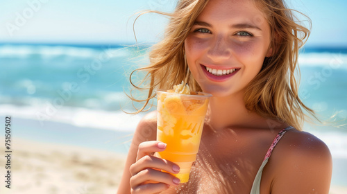 Beautiful young blond woman holding a mango smoothie on the beach at summer