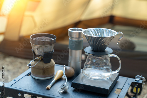 Drip coffee at campsite in the morning