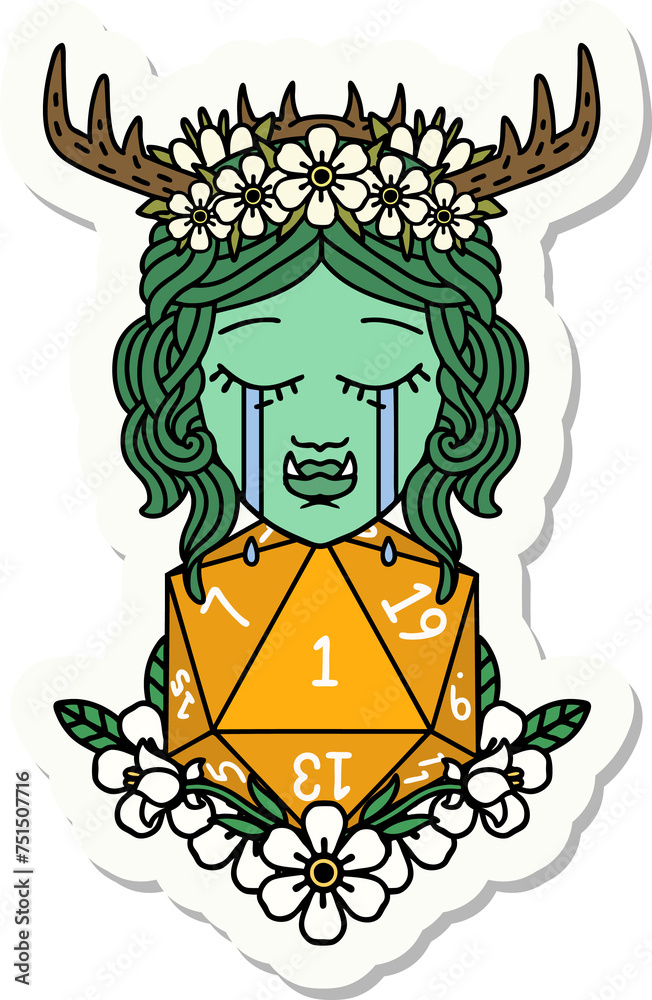 sad half orc druid character with natural one dice roll sticker sad half orc druid character with natural one dice roll sticker