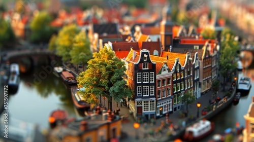 Tilt-shift photography of the Amsterdam. Top view of the city in postcard style. Miniature houses, streets and buildings photo
