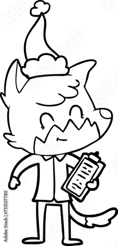 line drawing of a friendly fox manager wearing santa hat