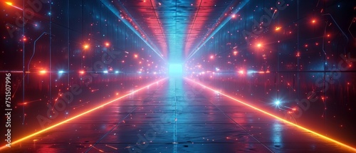 Journey through 3D Futuristic Sci-Fi Modern High-Tech Empty Space Pathways with Neon Blue Glowing Light Strips