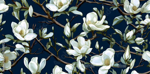 Seamless watercolor pattern of white magnolia flowers blooming