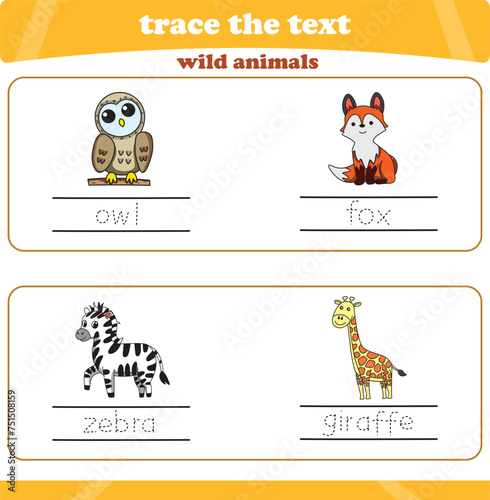 writing practice with wild animals. Worksheet trace the text. Vector illustration