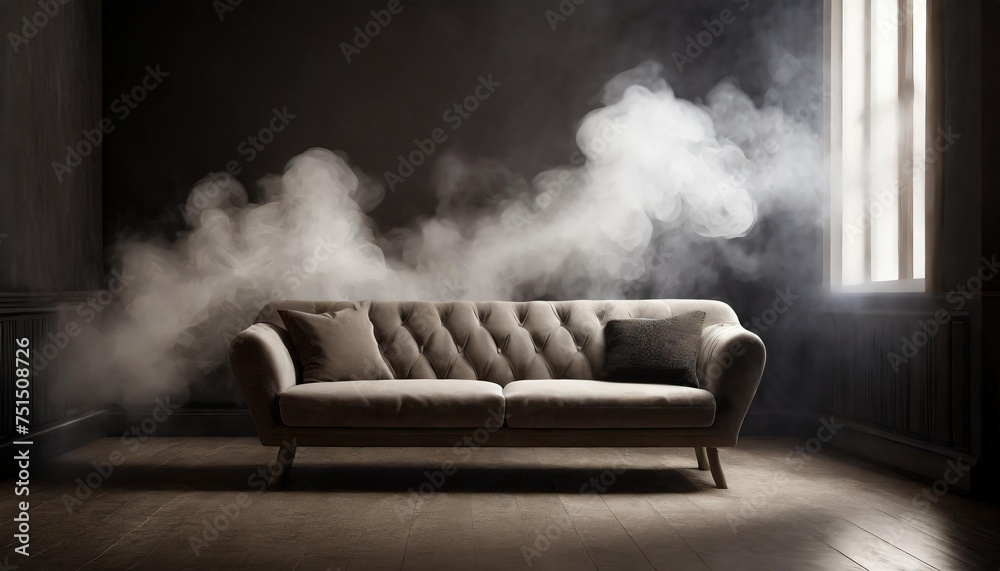 smoke rising from couch in dark room with white light