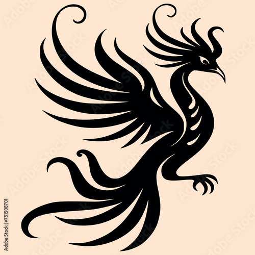 Black and White Phoenix Outline Silhouette Ornament Vector Art for Logo and Icon, Sketch, Tattoo, Clip Art