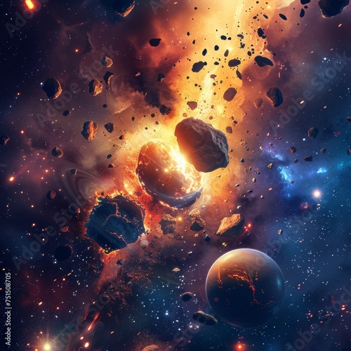 A galaxy, planets and explosion in outer space with fire, smoke, and flying stones. cartoon illustration of an explosion in the cosmos after a calamity or collision.