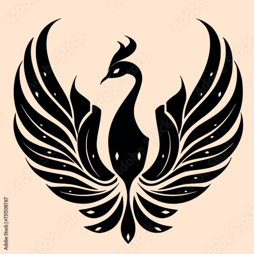 Black and White Phoenix Outline Silhouette Ornament Vector Art for Logo and Icon, Sketch, Tattoo, Clip Art