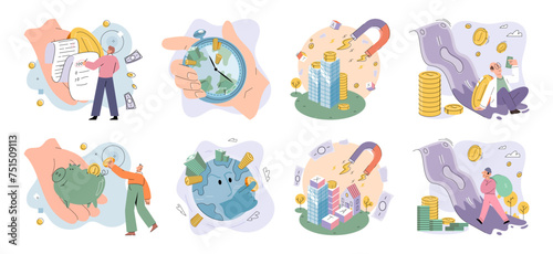 Global economy vector illustration. Continuous improvement strategies drive success in ever-evolving realm global economy The world undergoes transformative development in interconnected tapestry
