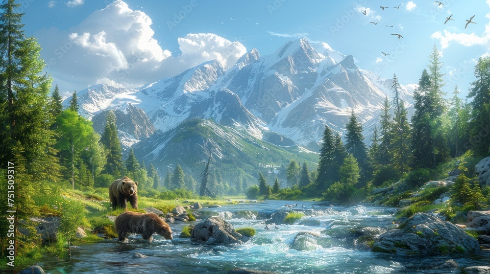 Two bears by a mountain river, surrounded by sky, trees, and natural landscape