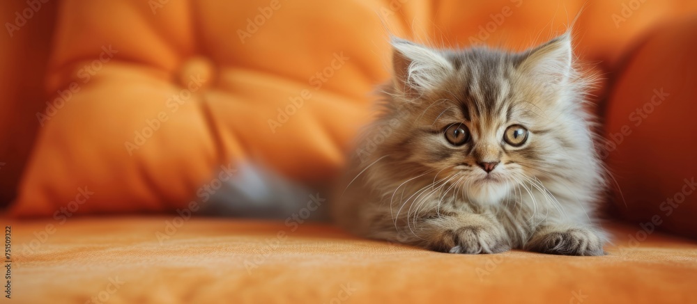 Fototapeta premium Adorable small kitten lounging comfortably on a plush sofa at home