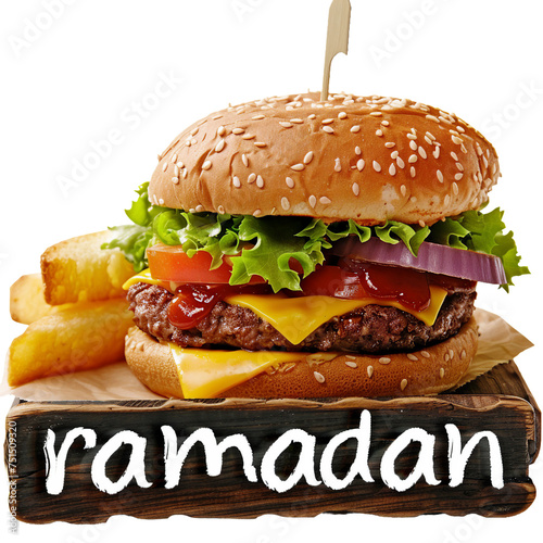 ramadan written on a board next to Cheeseburger  PNG transparent object