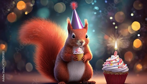 happy birthday carnival new year s eve sylvester or other festive celebration funny animals card red squirrel with party hat and cupcake with candle isolated on blue background