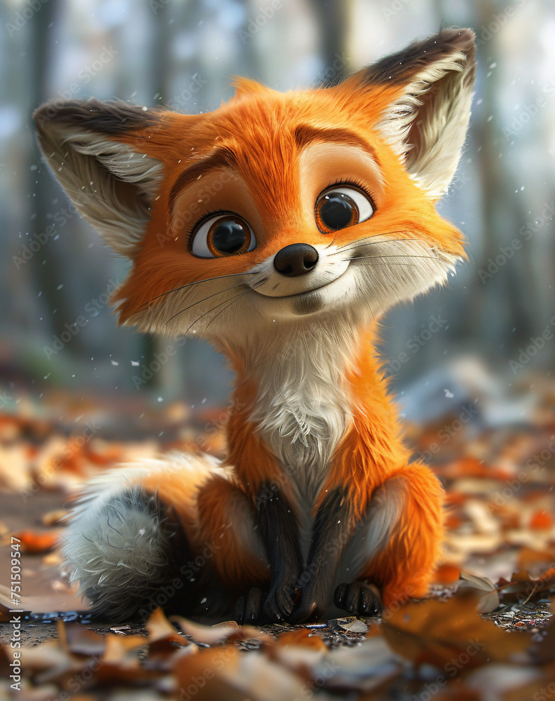 Animated, sitting fox with fluffy tail and bright eyes, in a 3D model artwork