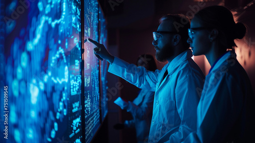 Forensic analysts in a dark room, pointing at a screen displaying DNA evidence and phenotypic traits for criminal investigation, Group of business professionals, DNA Phenotyping, w photo