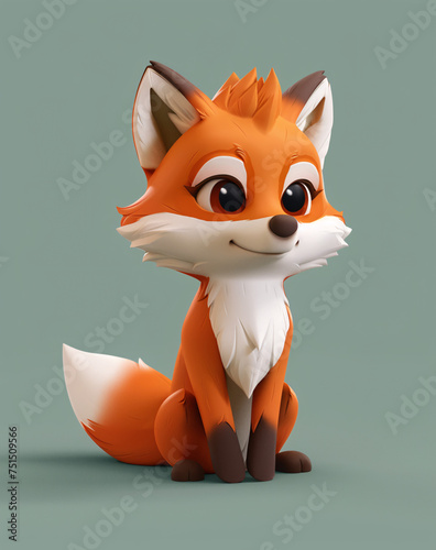 Animated, sitting fox with fluffy tail and bright eyes, in a 3D model artwork photo