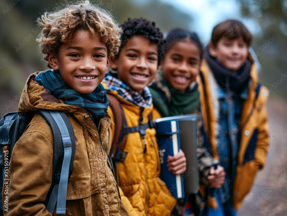 Four diverse children with backpacks smiling on a forest path during an outdoor adventure.
Four diverse children with backpacks smiling on a forest path during an outdoor adventure.