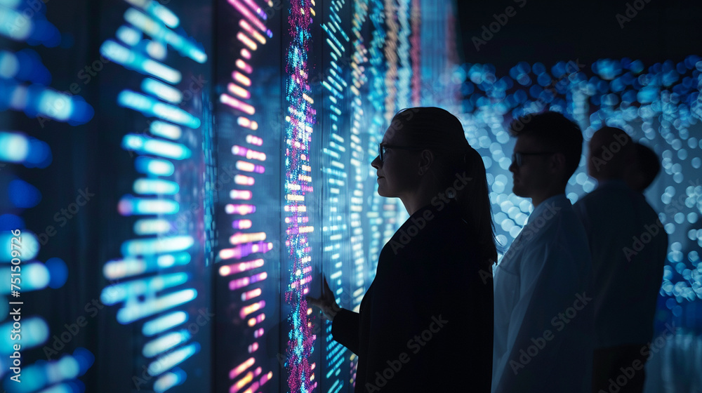 Innovators in a shadowy room, captivated by a display showing the fusion of DNA sequencing technology and predictive phenotyping, Group of business professionals, DNA Phenotyping, Innovators in a shadowy room, captivated by a display showing the fusion of DNA sequencing technology and predictive phenotyping, Group of business professionals, DNA Phenotyping,